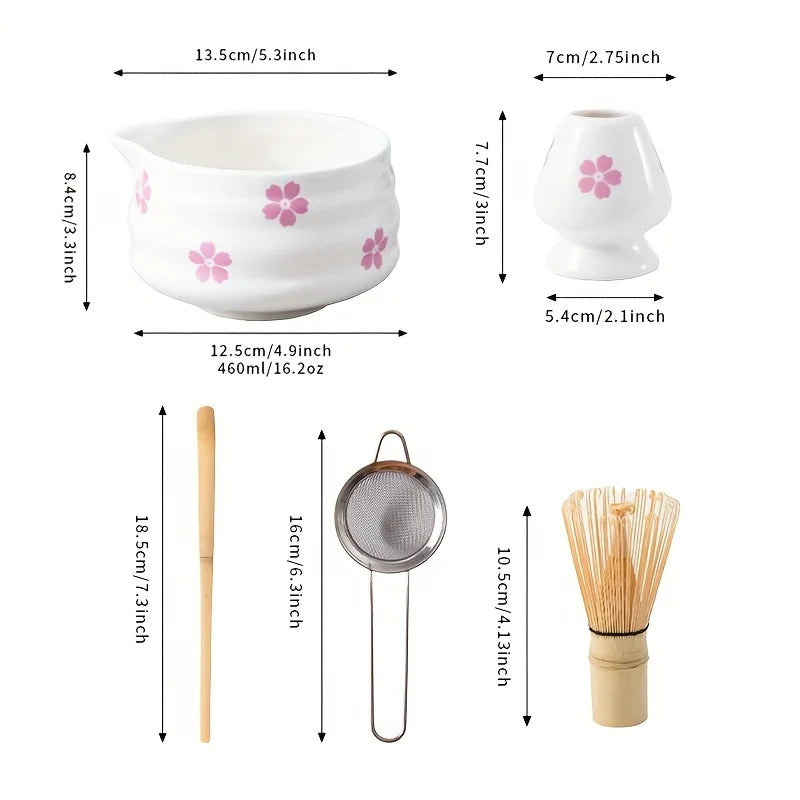5PCS Cherry Blossom Matcha Set – White Matcha Bowl with Spout & Bamboo Whisk