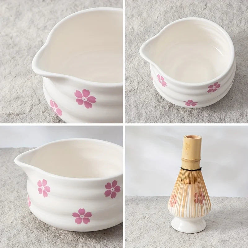5PCS Cherry Blossom Matcha Set – White Matcha Bowl with Spout & Bamboo Whisk