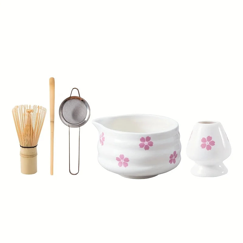 5PCS Cherry Blossom Matcha Set – White Matcha Bowl with Spout & Bamboo Whisk
