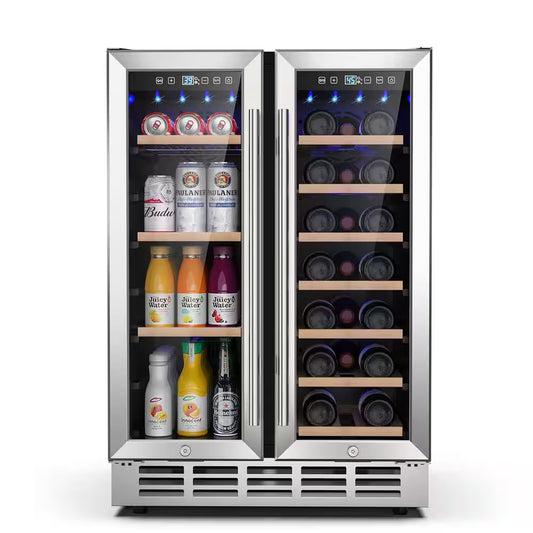23.4 In. Dual Zone 20-Wine Bottles and 57-Cans Beverage and Wine Cooler in Silver with Safety Locks