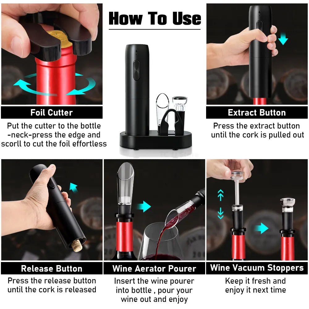 5 In1 Electric Wine Opener USB Rechargeable Wine Corkscrew One-Click Button Automatic Bottle Opener for Party Wine Accessories