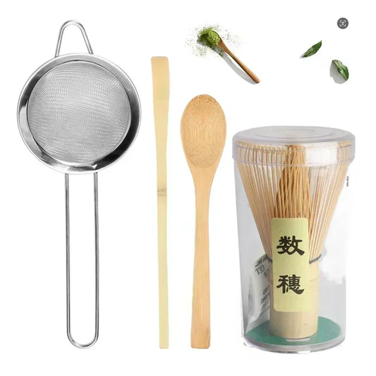 4PCS Matcha Whisk Set – Bamboo Whisk, Tea Scoop, Strainer & Whisk Holder
