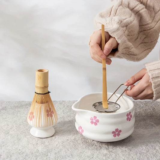5PCS Cherry Blossom Matcha Set – White Matcha Bowl with Spout & Bamboo Whisk