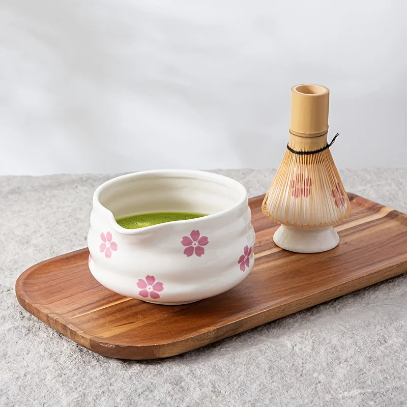 5PCS Cherry Blossom Matcha Set – White Matcha Bowl with Spout & Bamboo Whisk