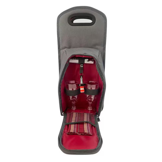 7-Piece Grey/Red Wine Carrier Tote Bag Insulated Wine Bottle Caddy Picnic Set
