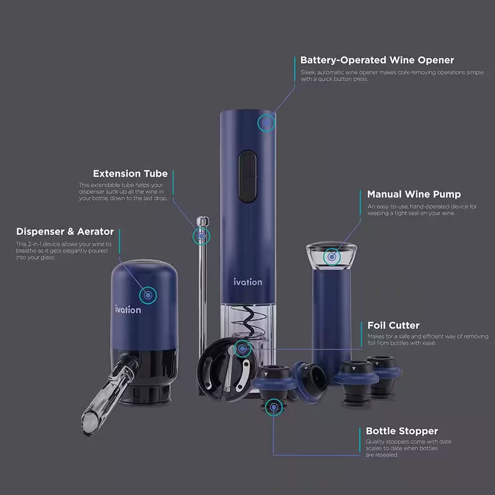 7-Piece Electric Wine Opener Blue Electric Bottle Opener Wine Gift Set